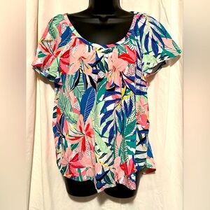 Loft Women's Sz L Palm Shirred Tropical Short Sleeve Scoop Neck Casual Top